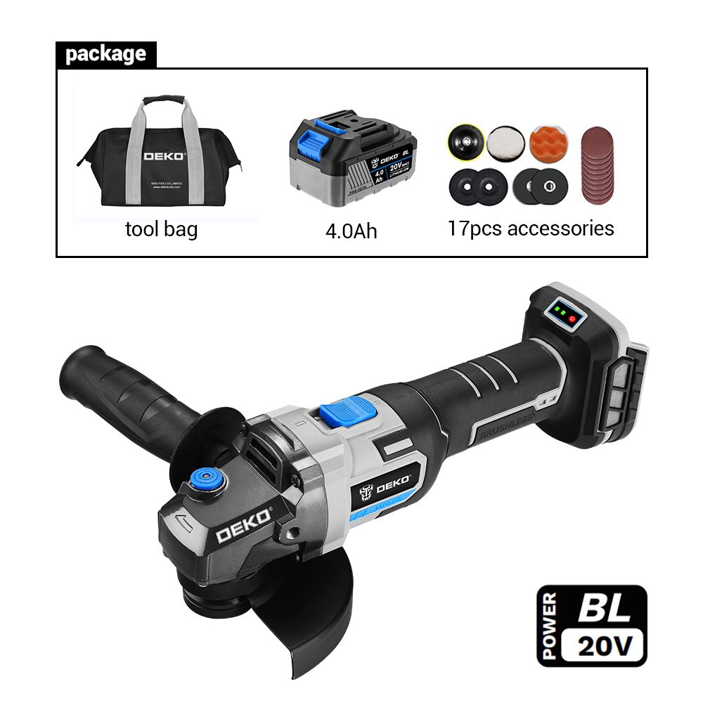 Dekopro 20V 115mm Brushless Angle Grinder (Incl. 4Ah Battery, Charger, 17Pcs Accessories), DEKO