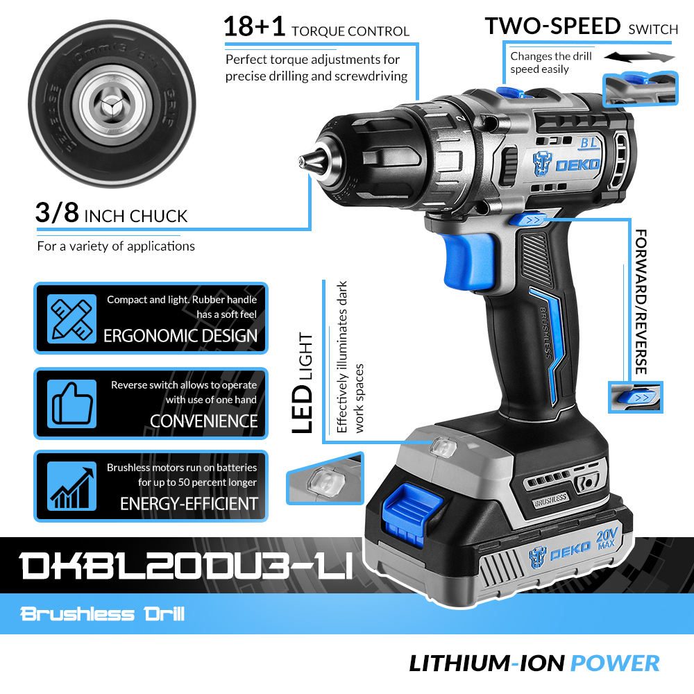 DEKOPRO 20V BRUSHLESS DRILL, Max Torque:42N.m Torque Settings: 18+1 No-load Speed: 0-450/0-1700rpm.