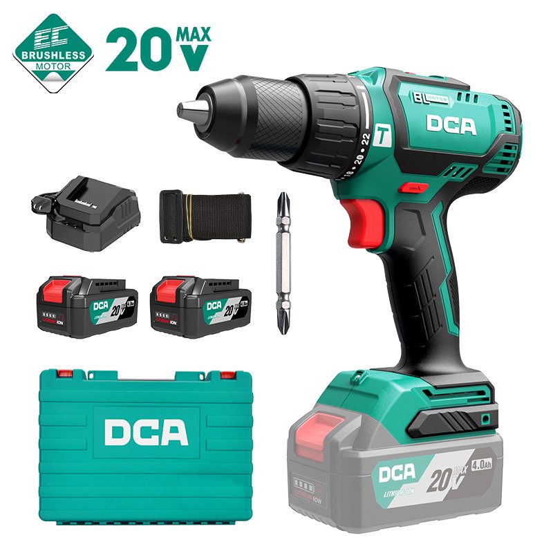 DCA 20V 13mm Cordless Brushless Hammer Drill 60nm Kit With 4.0Ah*2 & Charger